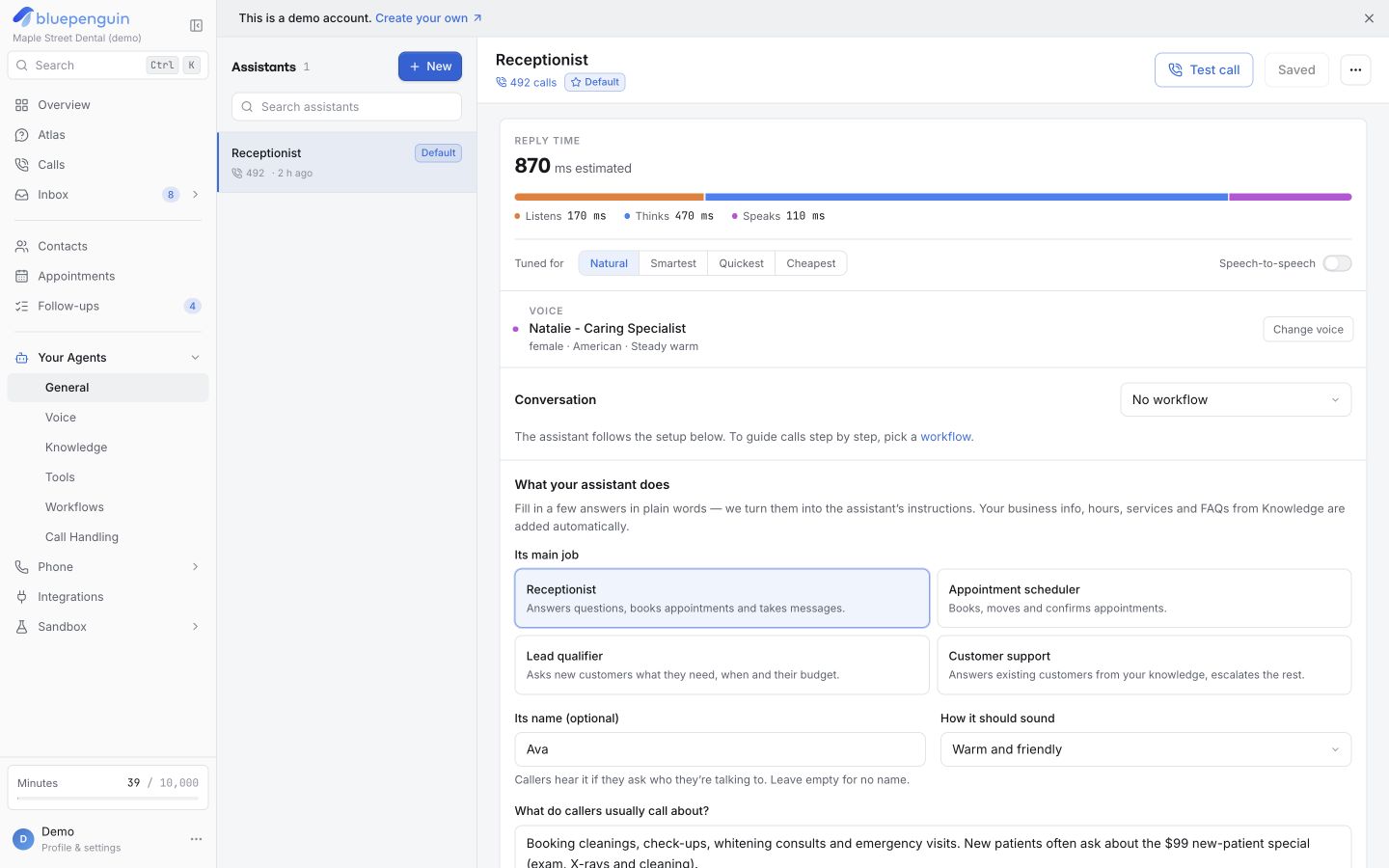BluePenguin receptionist settings from app.bluepenguin.io showing reply time, voice, conversation and business instructions