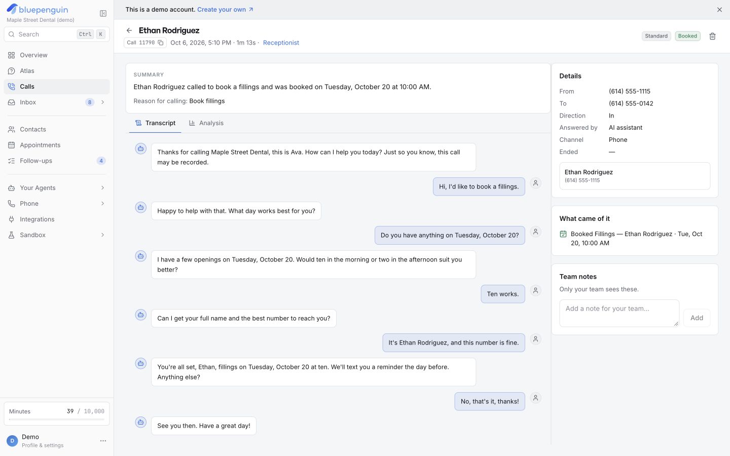 BluePenguin demo call record from app.bluepenguin.io showing the transcript, summary and booked appointment