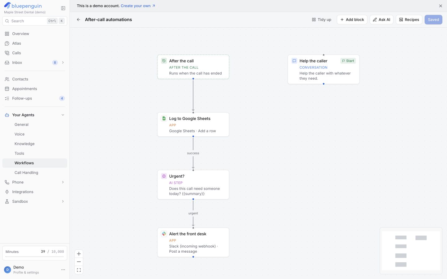 BluePenguin after-call workflow from app.bluepenguin.io connecting Google Sheets, an urgency check and a Slack alert